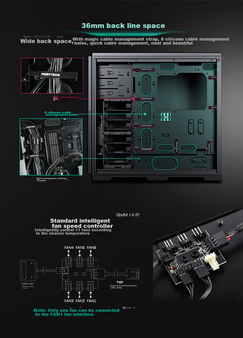 PHANTEKS 614PC Full Tower Desktop Server E-ATX Computer Case (Supporting SSI-EEB Motherboard/5090 Graphics Card/8x PCI Slots/NAS Multi-Hard Drive Bays) 14