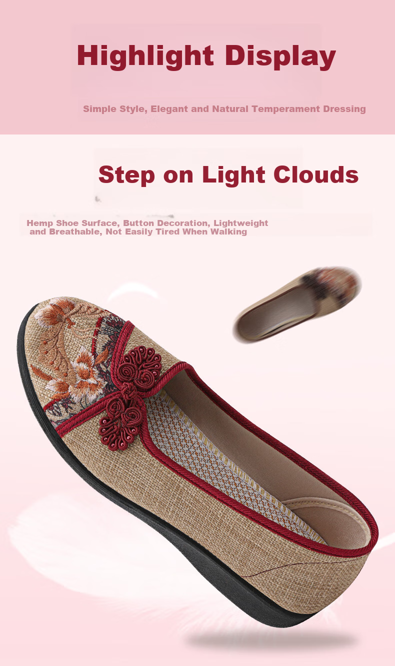 BUS HEYUAN Soft Sole Breathable Flats with Buckle, Mom Shoes, Slip-On Shoes, Traditional Beijing Cloth Shoes for Women 510-1332 Red 35 6