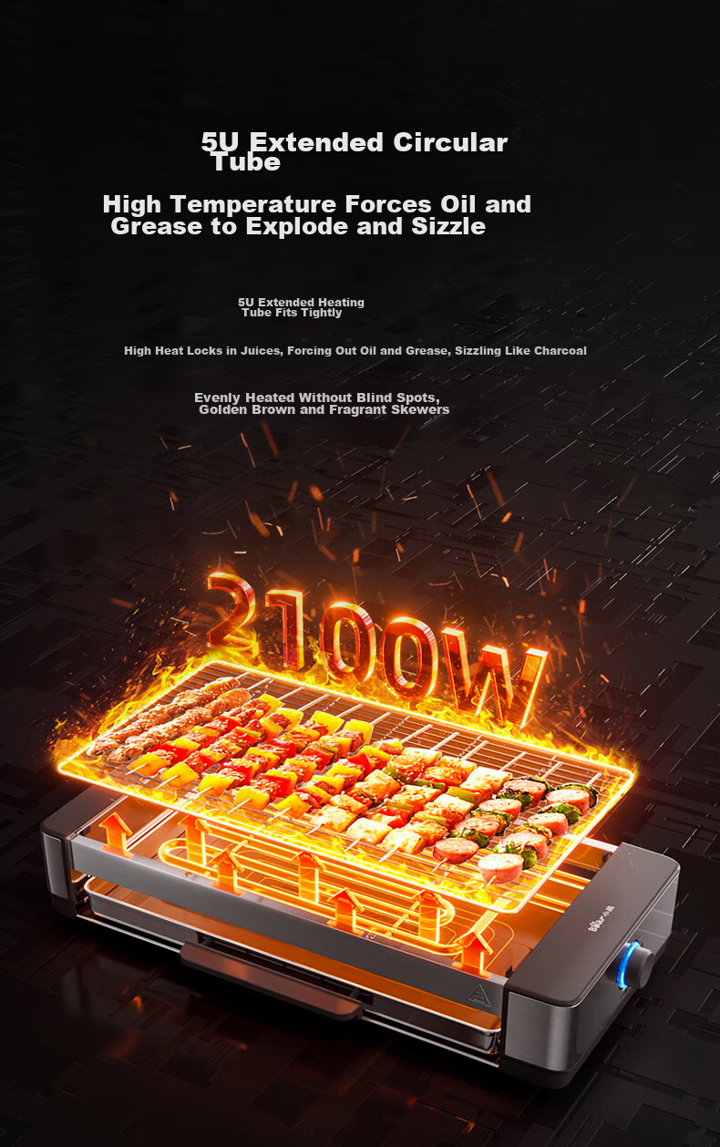 Bear Electric Grill, Home Barbecue Grill, Meat Roasting Pan, Electric Griddle, All-In Grill for Skewers And Meat, Low Smoke Emission, Fully Detachable, Suitable for 5-7 People, Q21N1 13