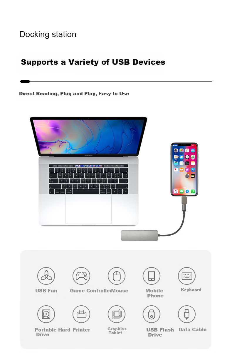 ECOLA Type-C Five-In Docking Station with Charging Port, Compatible with Apple And Huawei Laptops, USB2.0/HDMI/VGA/PD Fast Charging CB-A053GR 2