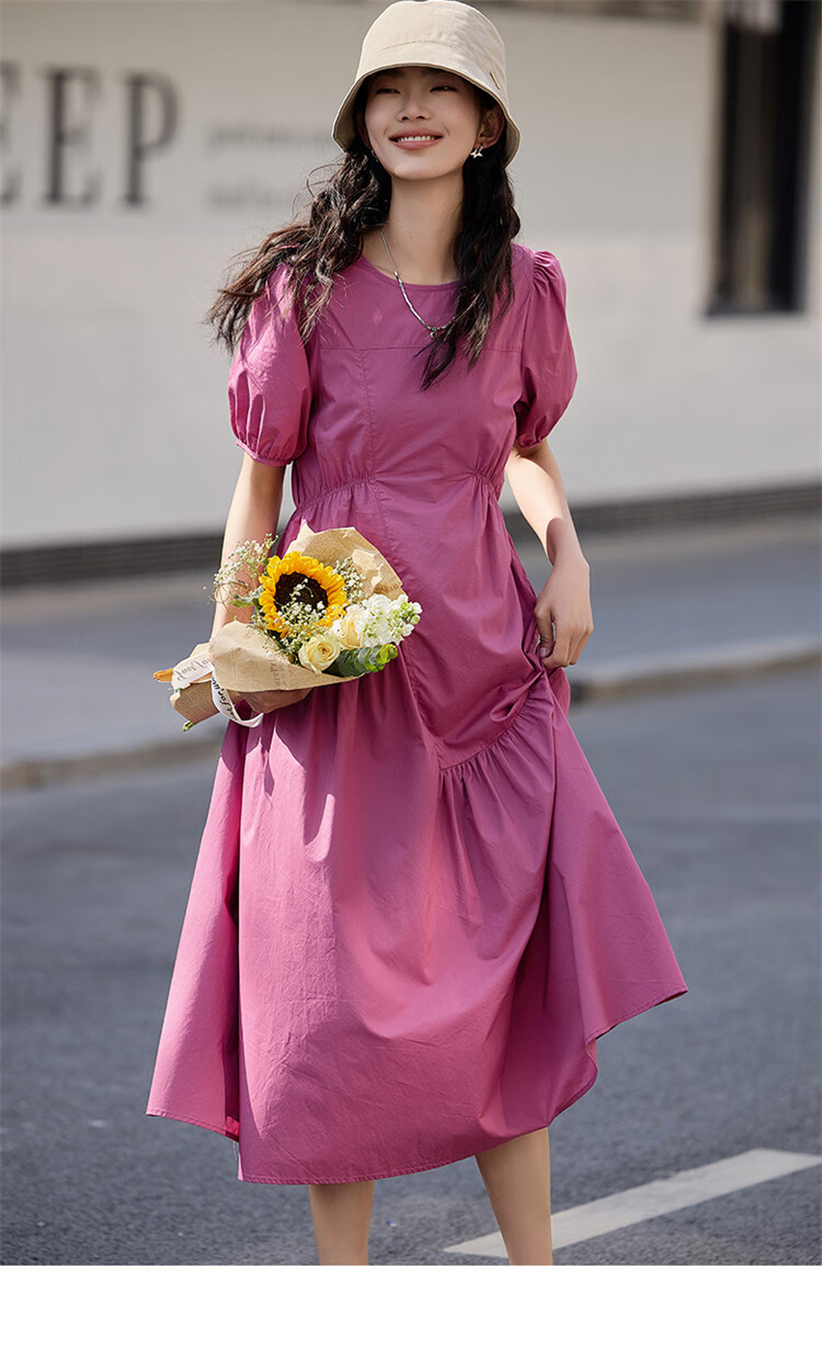 Dme [Puff Sleeve Ruched Dress] Summer Dopamine Sweet Style Round Neck Dress 11