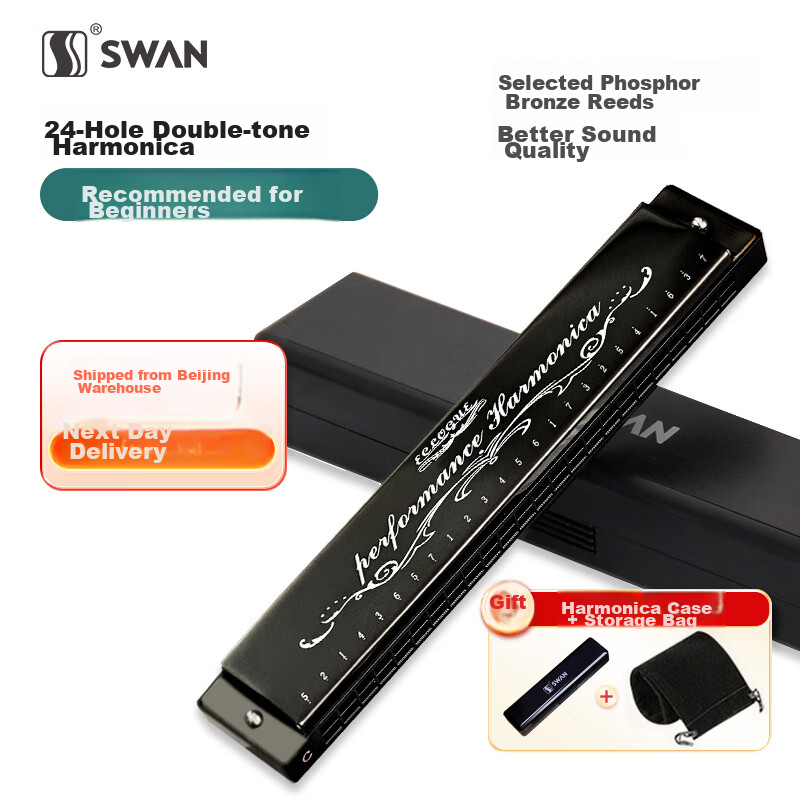SWAN 24-Hole Polyphonic C Key Harmonica with Note Positions, Recommended for Students And Children's Teaching, Classic Black