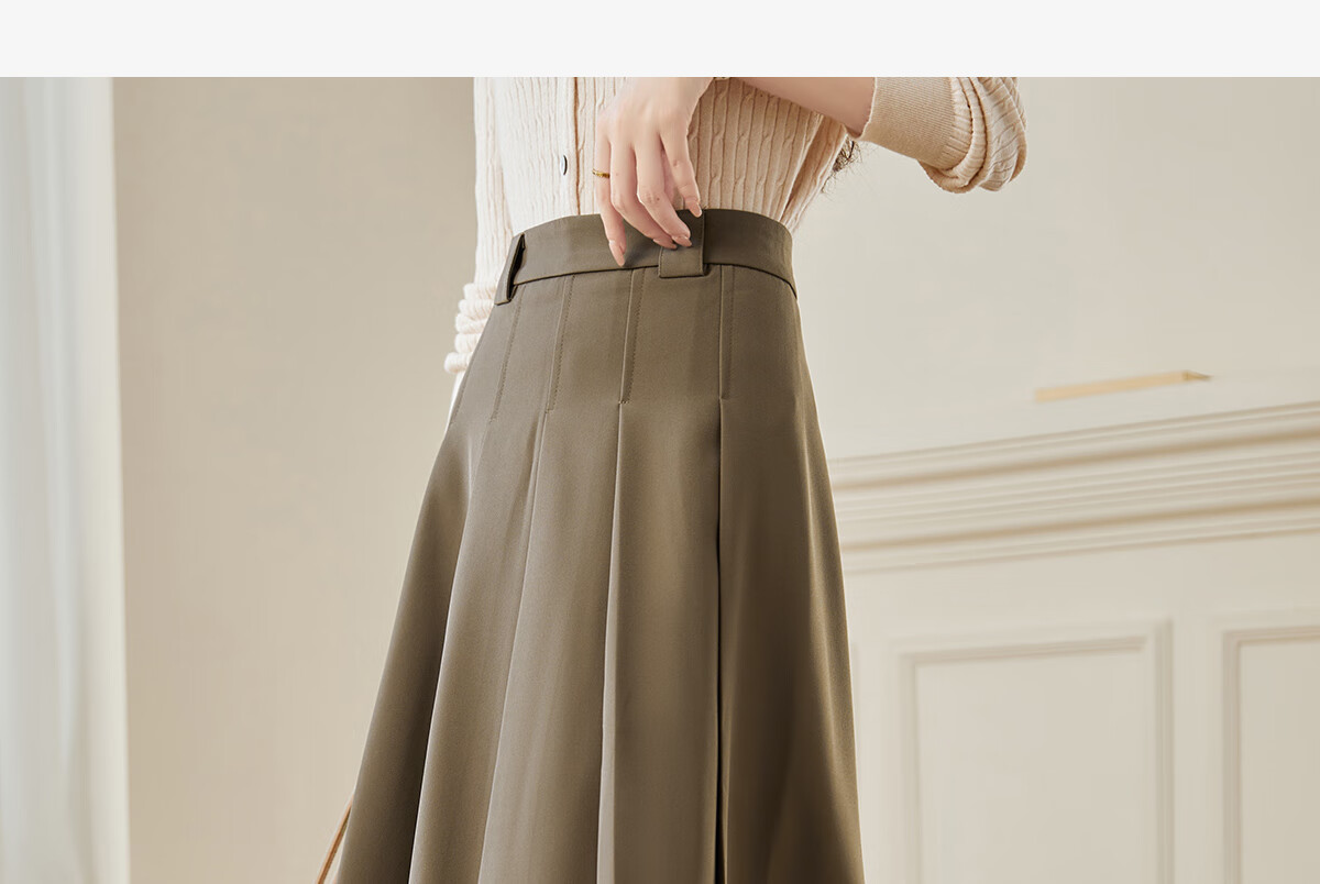 Chushen Spring And Autumn Midi Skirt for Women, Wilderness Maillard High-Waist Academic Style A-Line Design Pleated Skirt S143B2003 3