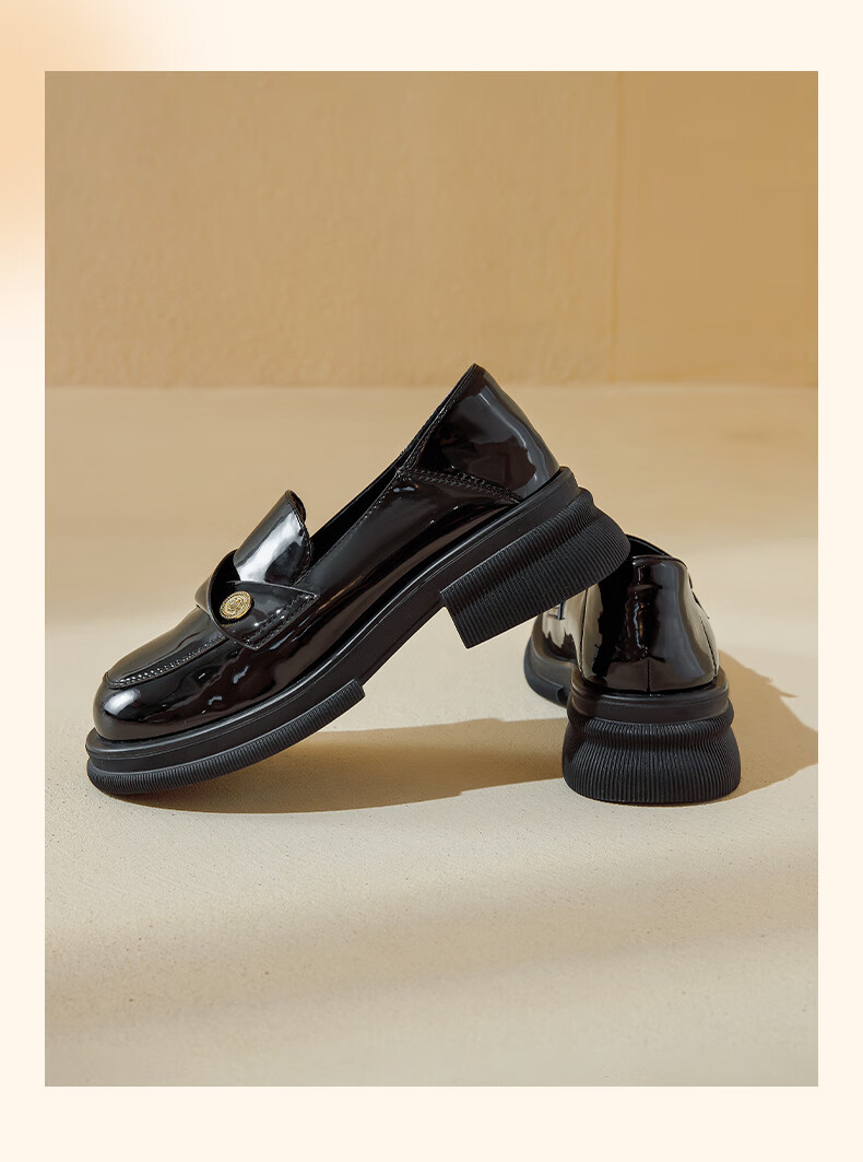 DAPHNE Black Leather Shoes for Women, Single Shoes 2026 New Style, Suitable for Skirts, British Style Patent Leather Shiny Flat Slip-On Loafers 9