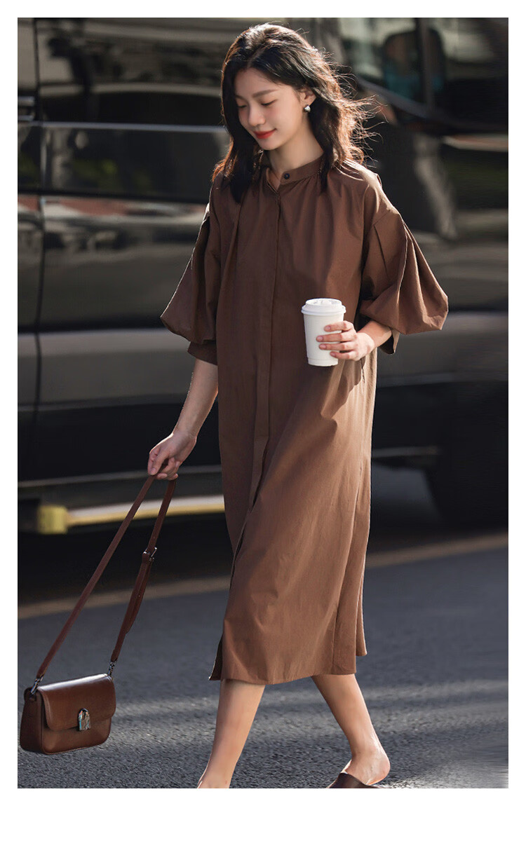 Dme [Pink Mid-Sleeve Dress], Summer Style, Soft Pink Round Neck, Puff Sleeves, Long Dress for Wome 1