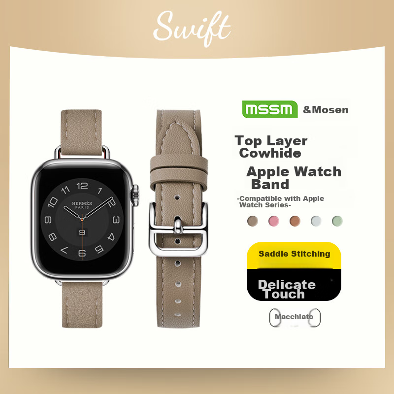MSSM Compatible Apple Watch Band, Apple Watch Slim Waist Genuine Leather Women's Strap for IWatch S11/ultra3/S10/9/8/SE3, Brown, 38/40/41mm