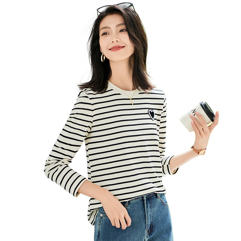 Chushen Spring And Autumn Long-Sleeve T-Shirt for Women, Pure Cotton, Heart Logo, Fashionable Casual Striped Round Neck Long-Sleeve Base Shirt S143T2005
