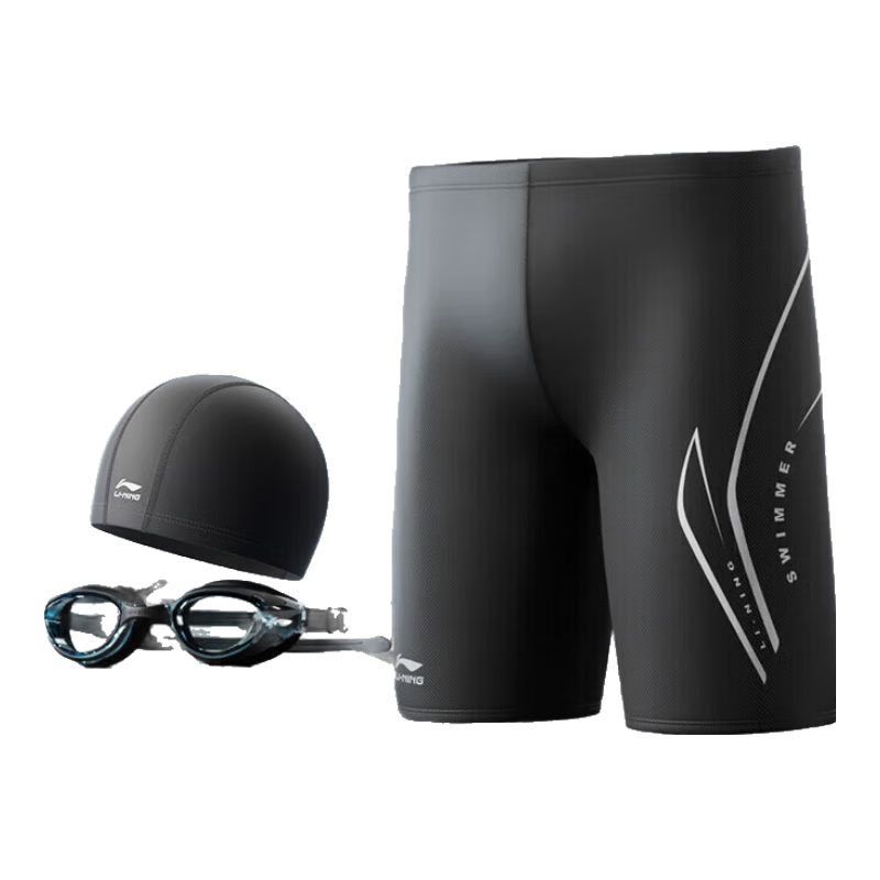 Li-Ning Swimming Trunks for Men, Anti-Embarrassment Swimwear, Knee-Length Swim Shorts, Goggles And Swim Cap Set, Swimming Equipment 2533L