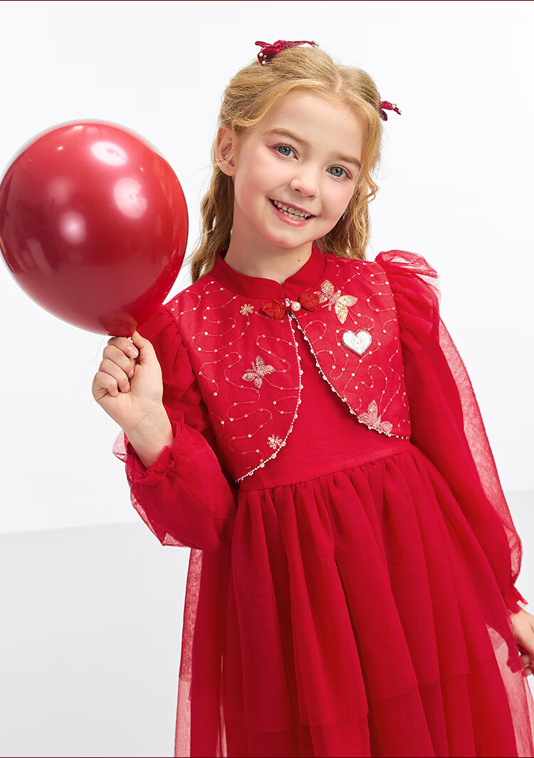 DISNEY Girls' Traditional Style Long Sleeve Dress New Year Princess Dress 25 Spring Autumn DB411RE02 Red Size 110 22