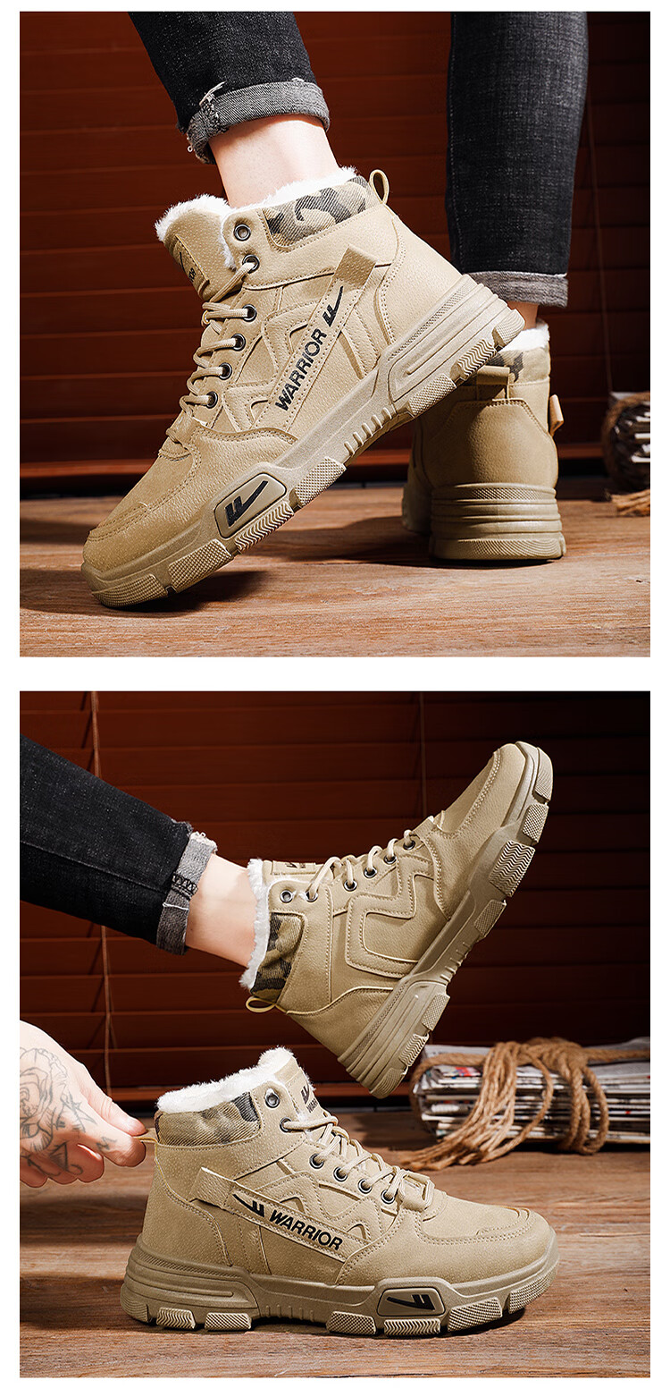 Warrior Men's Fleece-Lined Warm Martin Boots Casual Shoes Men's 0544 Khaki Fleece-Lined Size 42 10