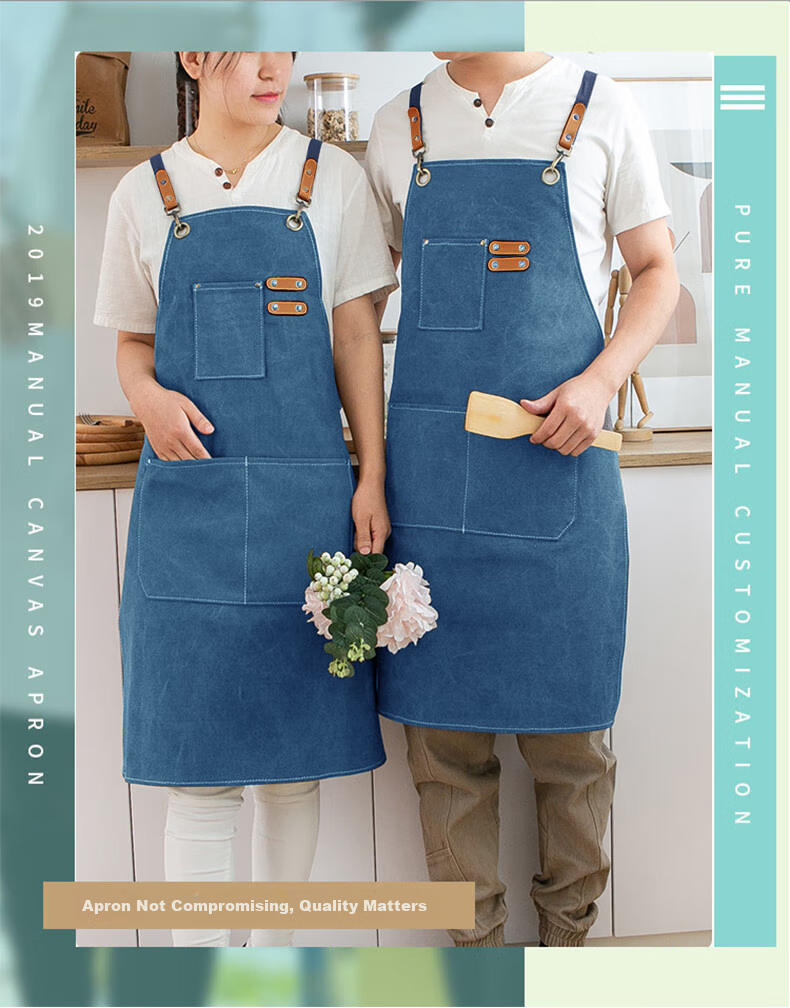 Canjiangjun Fashion Home Apron, Stain-Resistant And Oil-Proof Canvas, Thickened And Wear-Resistant, for Restaurant, Hairdresser, Bubble Tea Shop Work Uniform, Blue 3