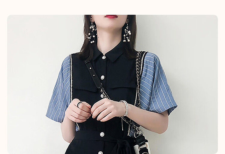 Dme [French Light Mature Commuter Style], Summer Simple Style, Turn-Down Collar, Waist-Cinching Short-Sleeve, Vintage Striped Patchwork Dress for Wome 5