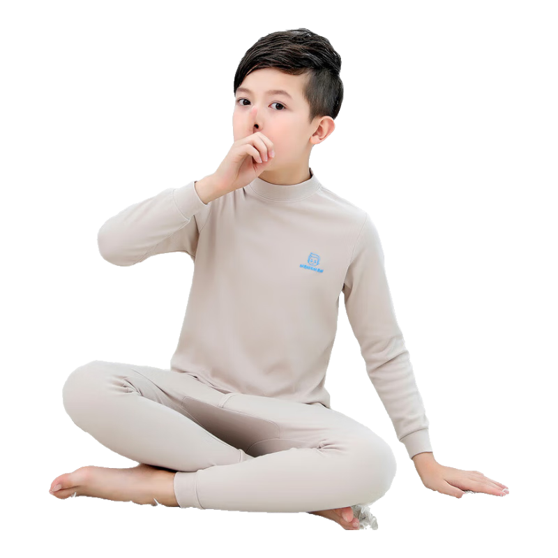 Hengyuanxiang Children's Cotton Underwear Set Boys Youth Autumn Clothes Long Johns Mid-Neck Khaki Size 120