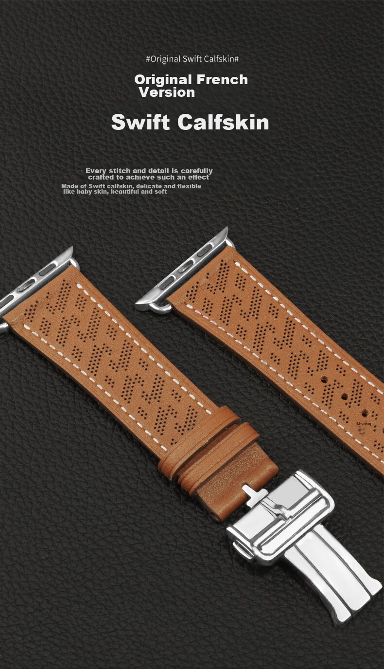 MSSM Compatible Apple Watch Band, Hermes Style IWatch S12 Genuine Leather Folding Buckle Strap, Ultra4/S11/10/Se3 Micro-Hole Light Brown, 44-49 9