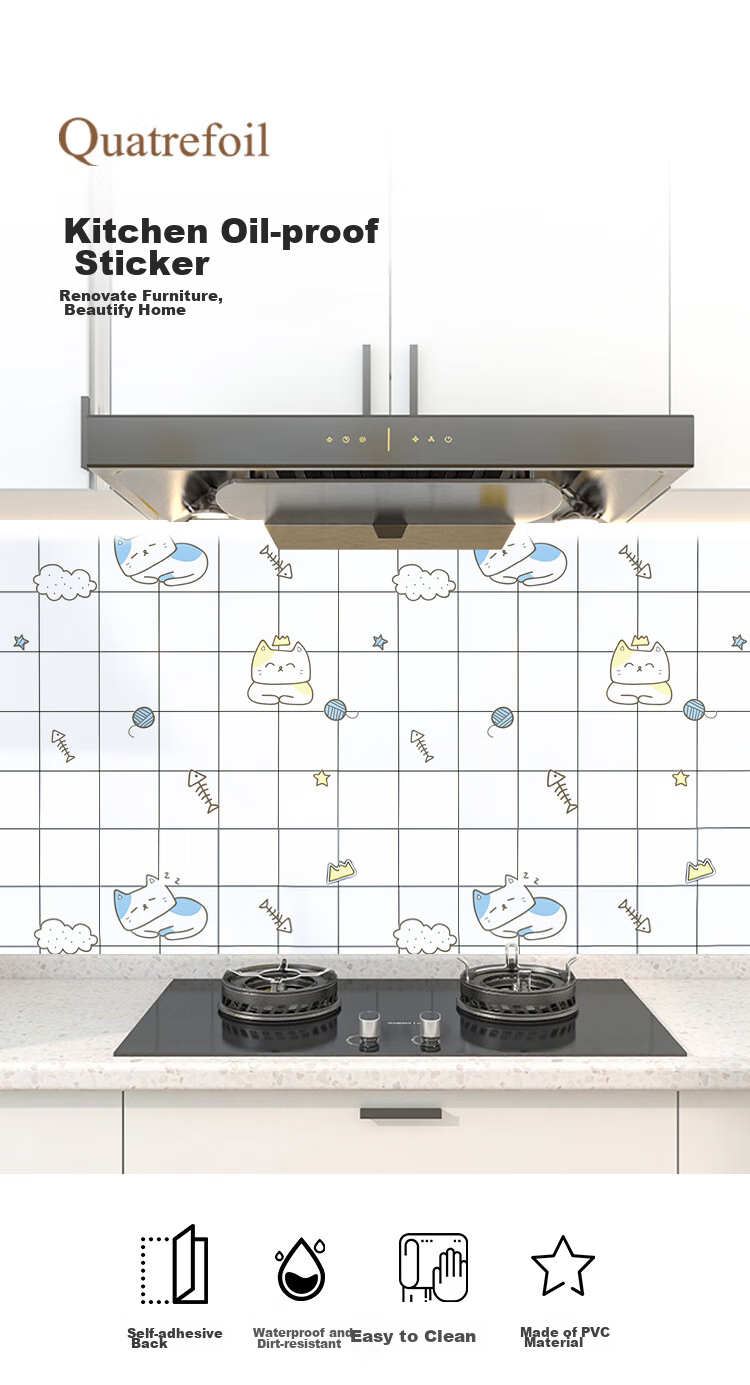 Quatrefoil Kitchen Sticker, Oil-Proof And Waterproof, Self-Adhesive, Stove Cabinet Decal, 60*300cm, Cat Dream Fish Patter 1