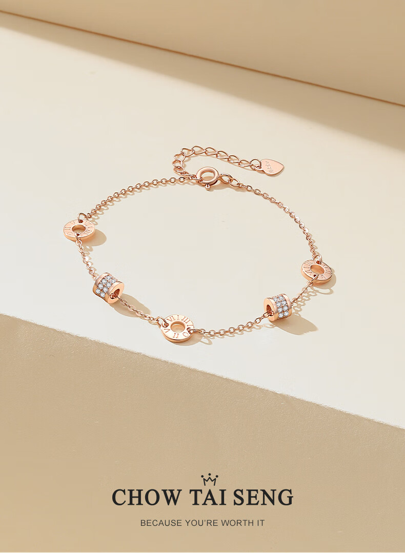 CHOW TAI SENG Slim Waist Rose Gold Pure Silver Bracelet for Women, 2026 New Luxury High-End Jewelry, Birthday Gift for Best Friends 1
