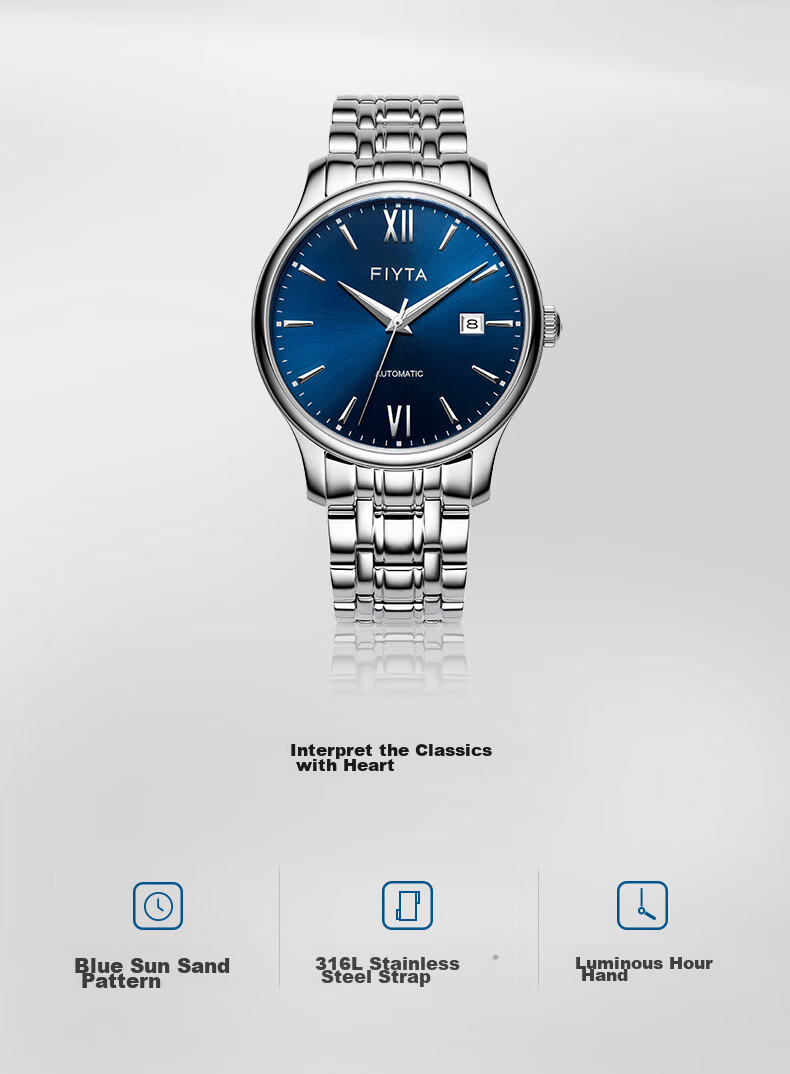 FIYTA Men's Watch, Classic Automatic Mechanical with Date Display And Blue Dial, Steel Strap Business Watch, Holiday Gift 2