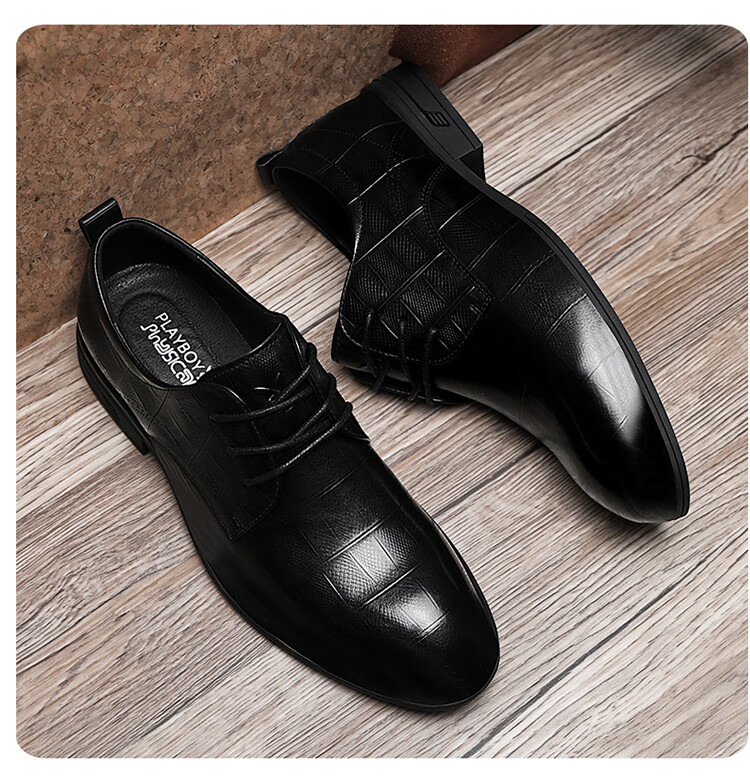PLAYBOY Leather Shoes for Men, Spring/summer 2026 British Business Casual Shoes, Top-Grain Cowhide Formal Shoes, Black, Size 44 15