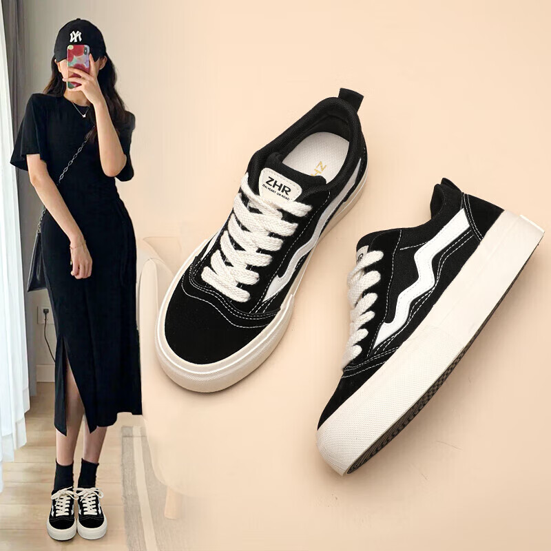 ZHR Canvas Shoes for Women, Classic Versatile Student Sneakers, Comfortable Breathable Thick-Soled Casual Women's Shoes, CS11 Black, Size 40