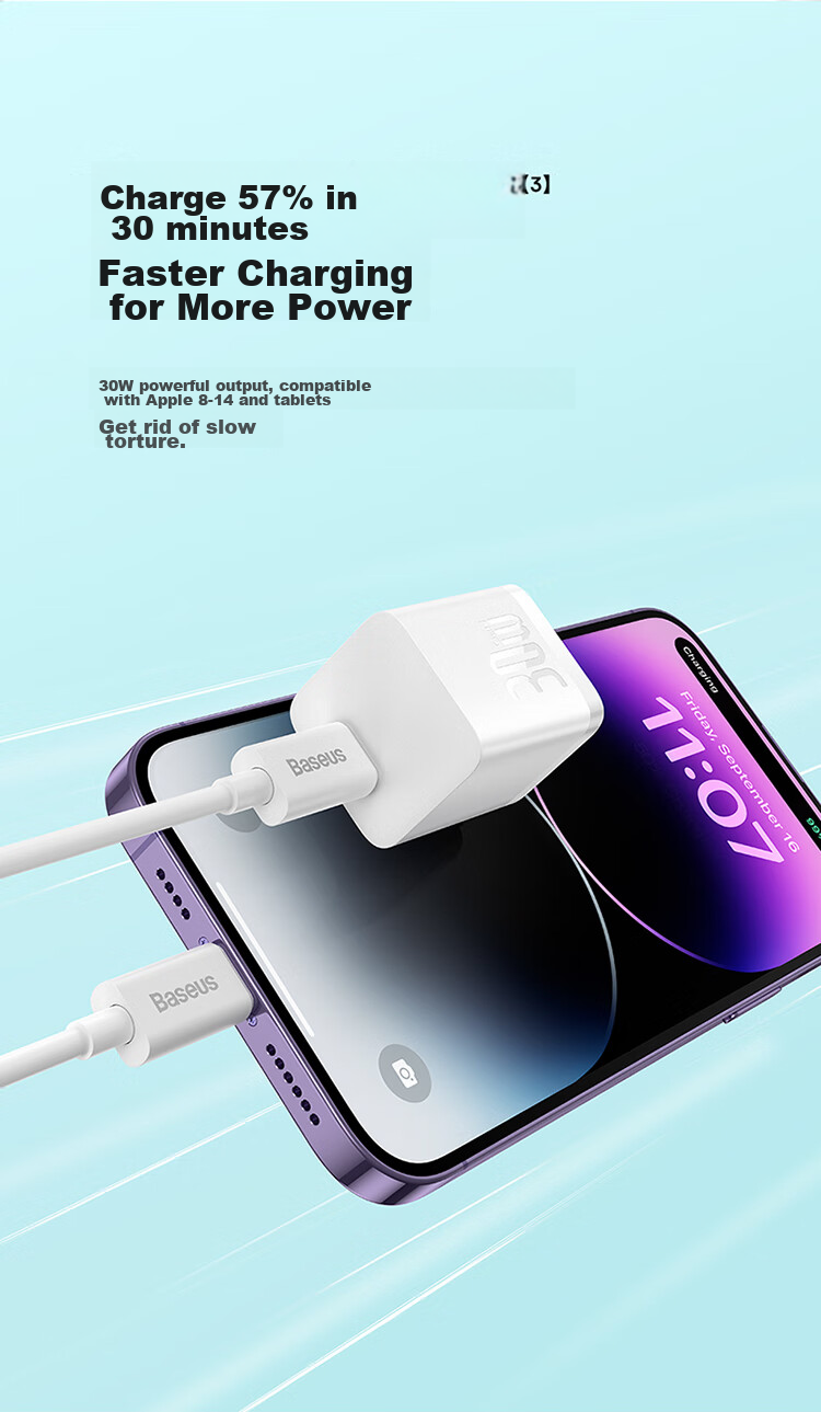 Baseus Kuoku Apple Charger GaN PD30W Fast Charging Head Compatible with IPhone17/16/15ProMax14/13/12/11 IPad And Phones Type-C Plug Purple 5
