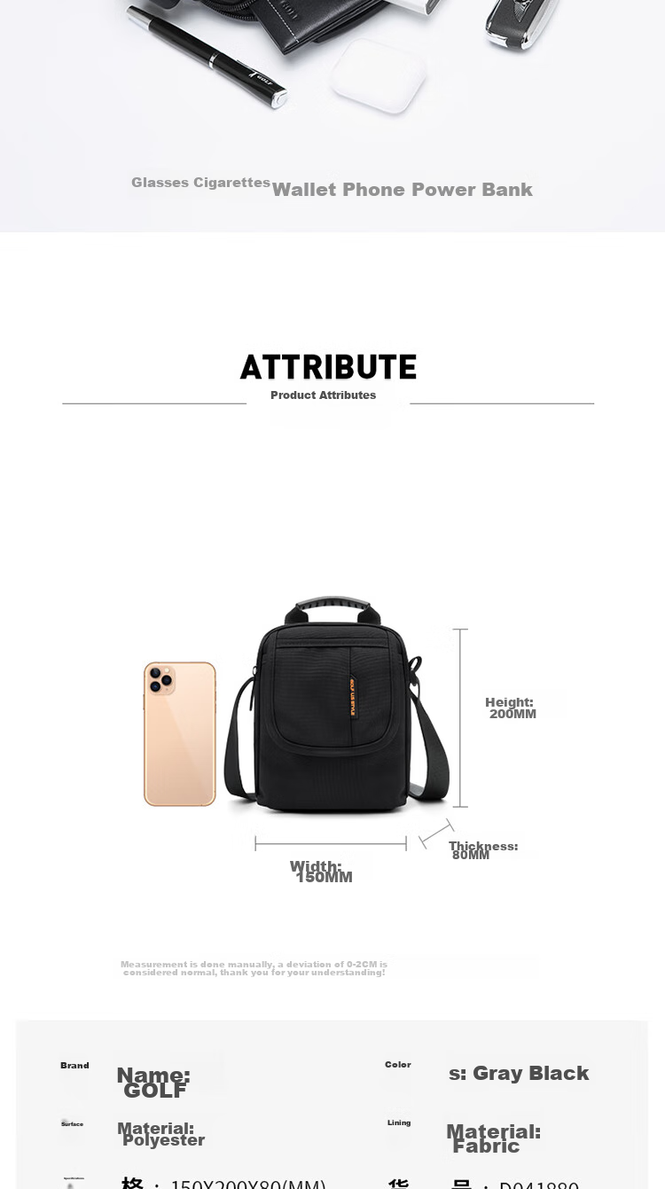 GOLF Shoulder Bag for Men And Women, Casual Crossbody Canvas Bag with Multiple Compartments, Water-Resistant Mini Sports Messenger Bag 8