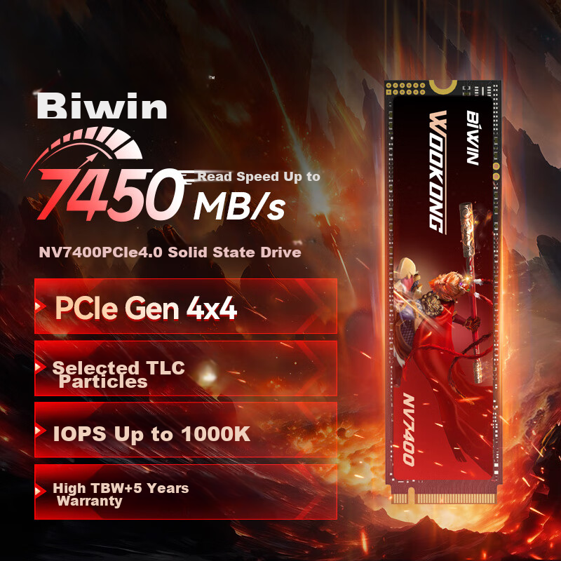 BIWIN 2TB SSD M.2 Interface (NVMe Protocol), NV7400 Series, PCIe 4.0 Read Speed 7450MB/s, AI PC Computer Storage Accessory