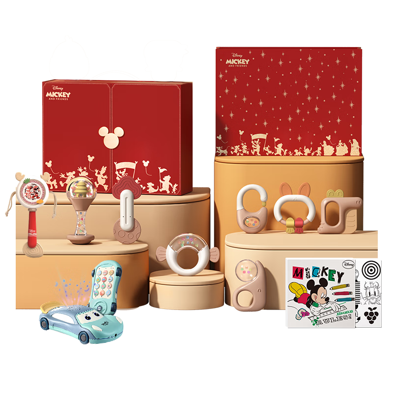 Disney Newborn Gift Box, Full Moon Present, Rattle with Class A Safety Certification, Washable Mixed Color Gift Set