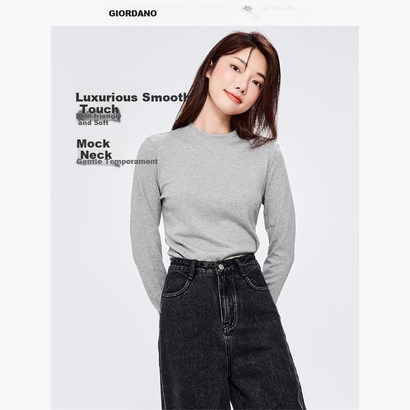Женская лонгслив Giordano, однотонная, базовый стиль, с полувысоким воротом, из 100% хлопка, артикул 05322803