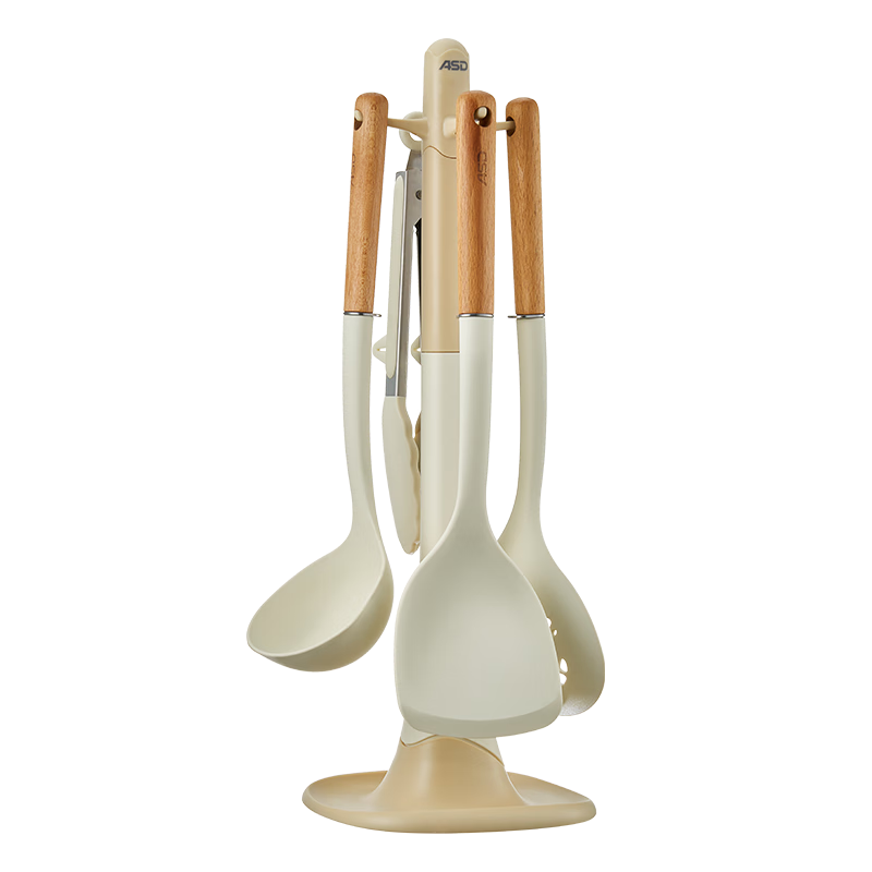 ASD Silicone Spatula Set of Five Kitchen Utensils, Chinese-Style Soup Ladle, Large Strainer, Food Tongs, Milk White Color RCJ05X1WG-W