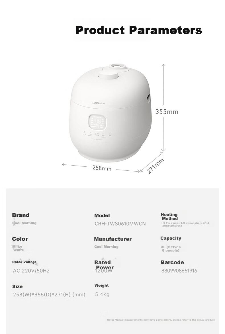 CUCHEN Dual Pressure Rice Cooker, Korean Imported, 0 Coating Stainless Steel Inner Pot, 3L Capacity for Home Use, 4-5 People, IH Heating Electric Rice Cooker And Electric Pressure Cooker, Replaceable Double Inner Pots, Smart Cooker 10