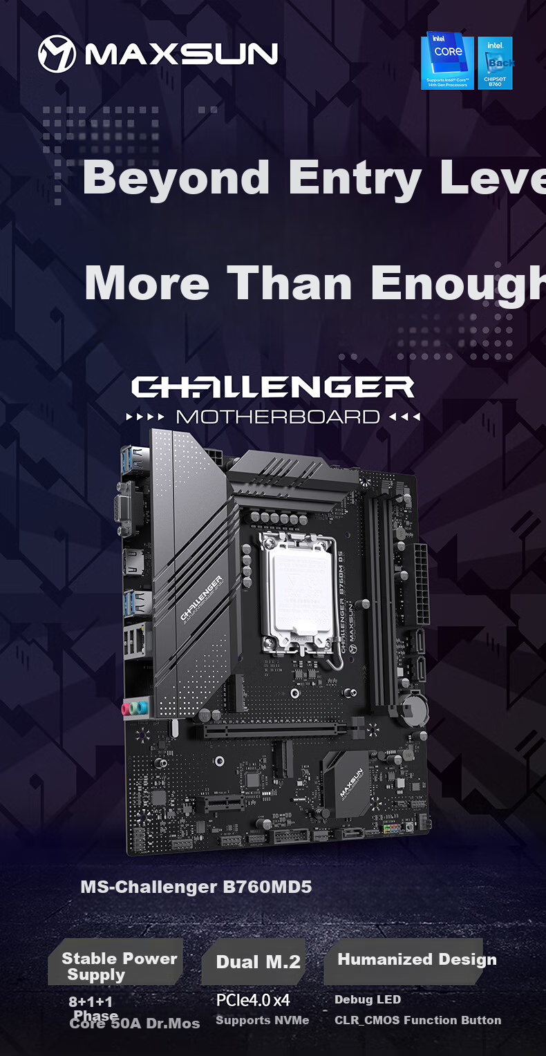 MAXSUN MS-Challenger B760M D5 Motherboard for Gaming, Supports DDR5 CPU 12600KF/13400F/14600KF (Intel B760/LGA 1700) 1