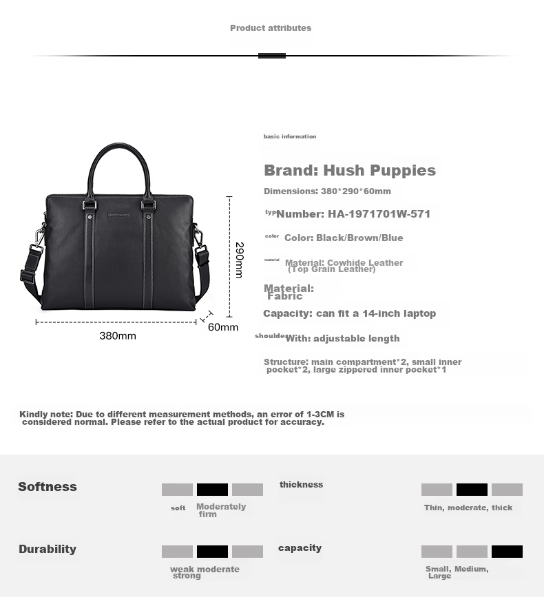 Hush Puppies Briefcase for Men, Top-Grain Leather, Shoulder Crossbody Handbag, Men's Business Laptop Bag, Father's Day Gift for Boyfriend, Black 19