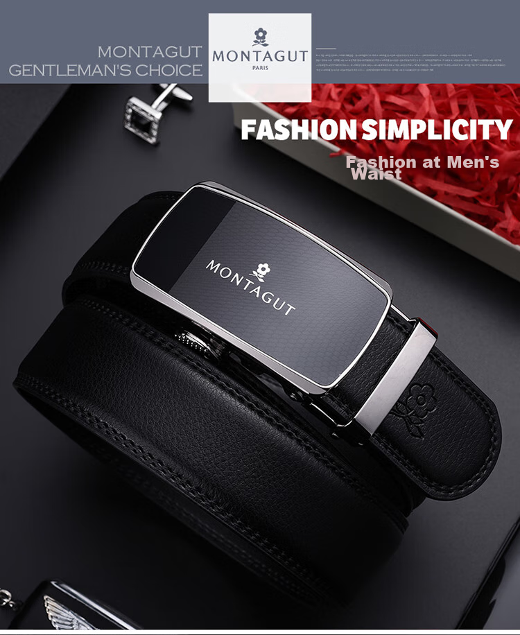 MONTAGUT Men's Belt, Men's Waistband, Men's Trouser Belt, Cowhide Automatic Buckle, Suitable for Outer Wear, Father's Day Birthday Gift for Husband 1