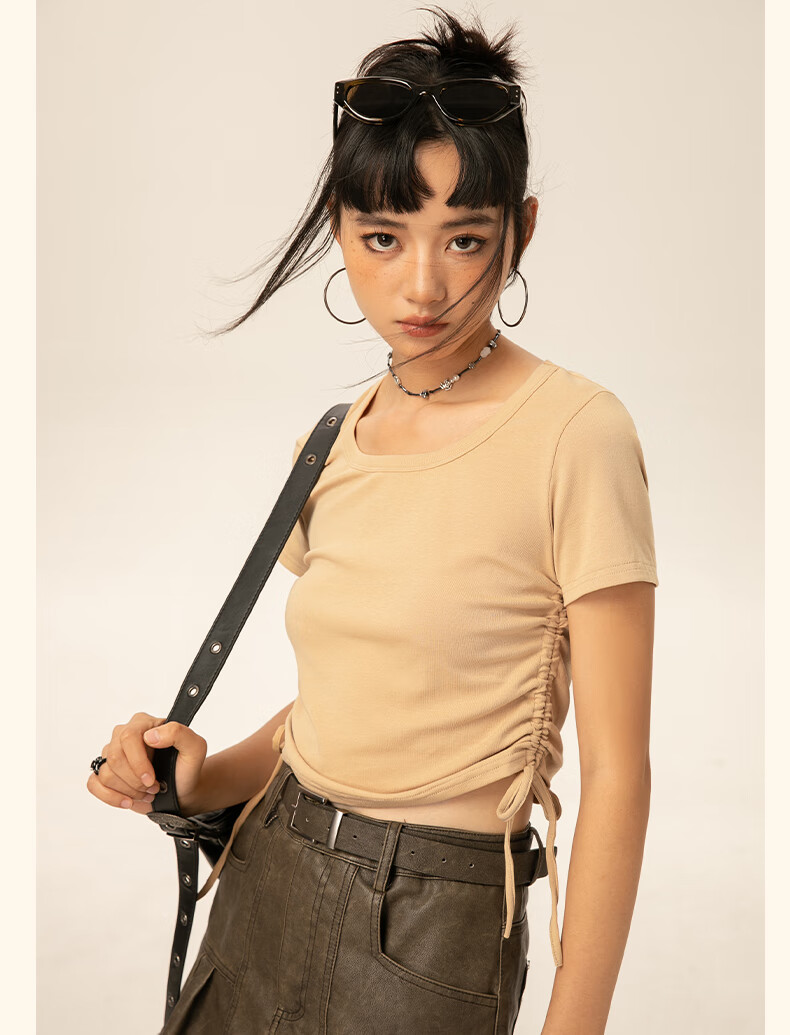 Warrior Red Short Sleeve T-Shirt Women Summer 2026 New Knitted Drawstring Half Sleeve Slim Waist Crop Top 9