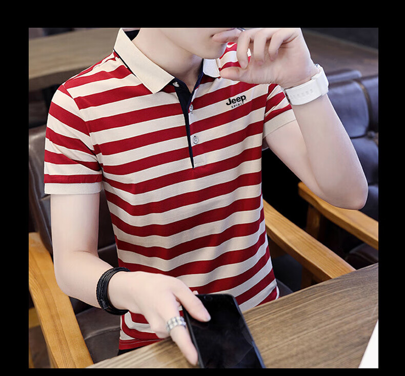 JEEP SPIRIT Men's Short-Sleeve T-Shirt, Summer Polo Shirt, Half-Sleeve Collar, Striped Business Casual Slim Fit, Blue Stripe, M 15
