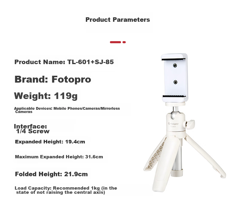 Fotopro TL-601 Portable Mini Camera Mirrorless Tripod, Phone Desktop Stand, Live Streaming Vlog Extendable Selfie Stick, Phone Tripod, White 9