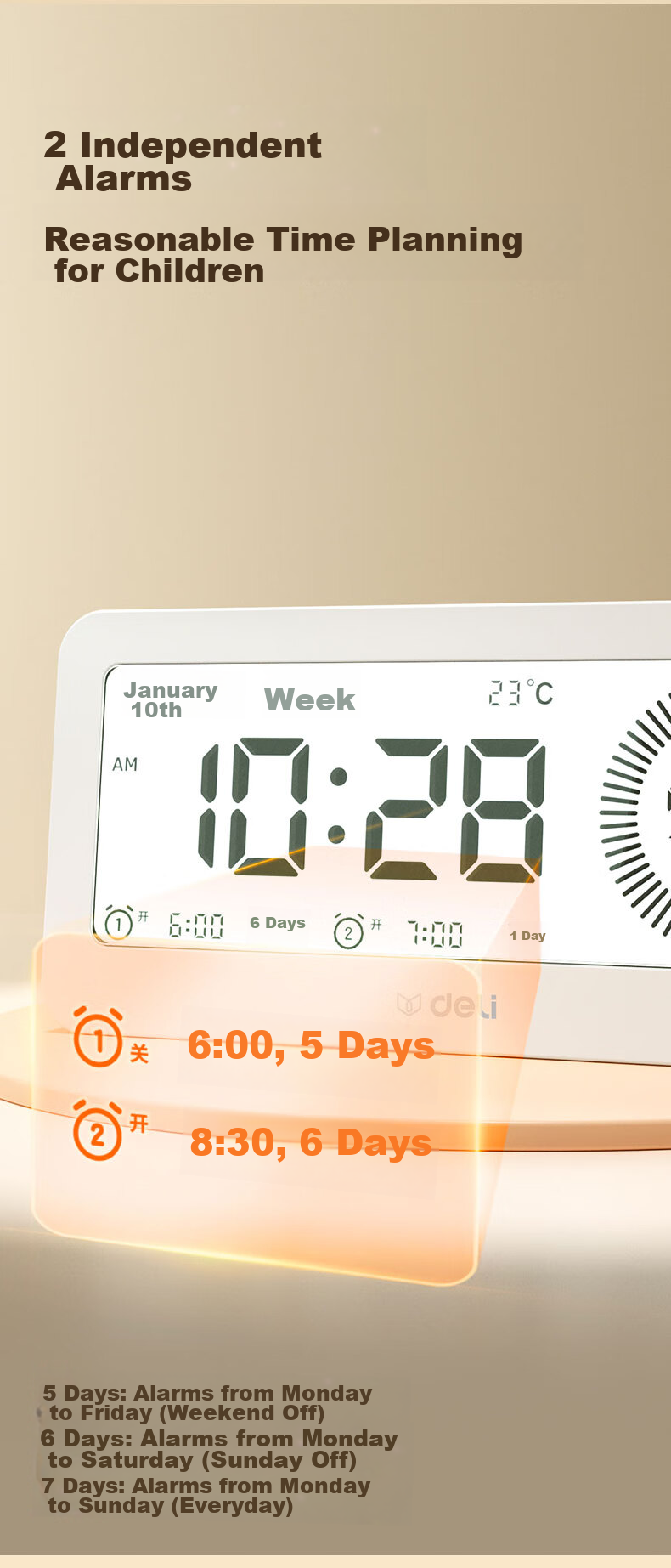 Deli Visual Smart Alarm Clock Timer, Student-Specific Wake-Up Device with Backlight Bedside Clock And Thermometer, Essential for Back-To And Graduation Seasons, LE107 White Gift 6