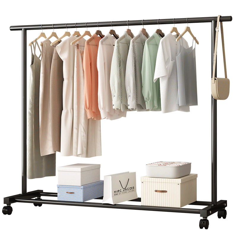 Miaoli Coat Rack, Floor-Standing Home Bedroom Clothes Hanger, Indoor Dormitory Garment Stand, Thickened 1.5M Black with Wheels