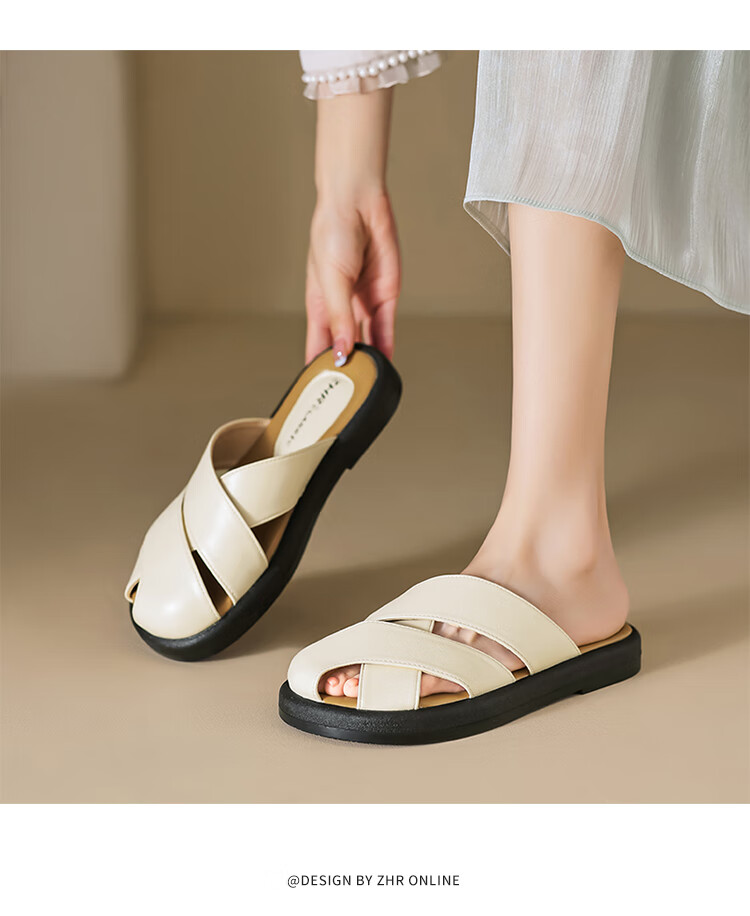 ZHR Women's Half Slippers, New Summer Style with Cross Straps And Closed-Toe Design, Fashionable Outdoor Sandals for Women, AB12 Beige Color, Size 40 12