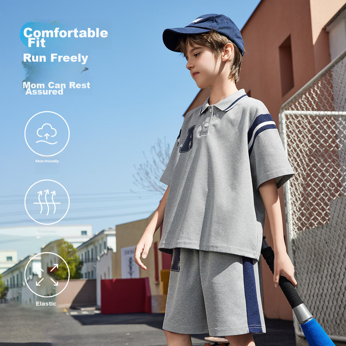 ASK JUNIOR Children's Outfit for Boys, Summer Breathable Preppy Style Polo Shirt And Loose Sports Shorts Two-Piece Set, Gray 6