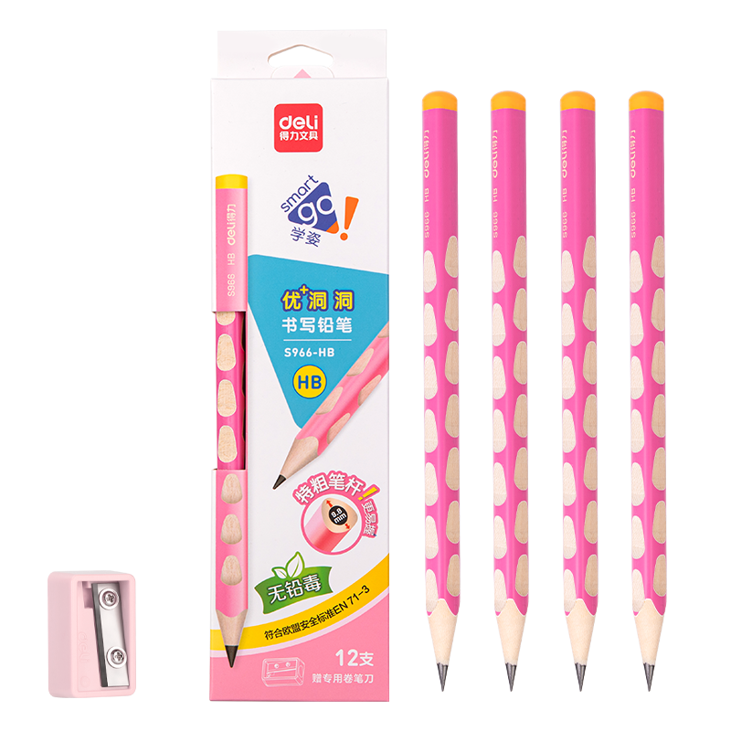 Deli Perforated Pencils, 12 Pieces, HB, Pink, Extra Thick Barrel, Easy Grip, Children's Posture Correction Pencils, Student Writing Practice Pencils, Back-To Stationery