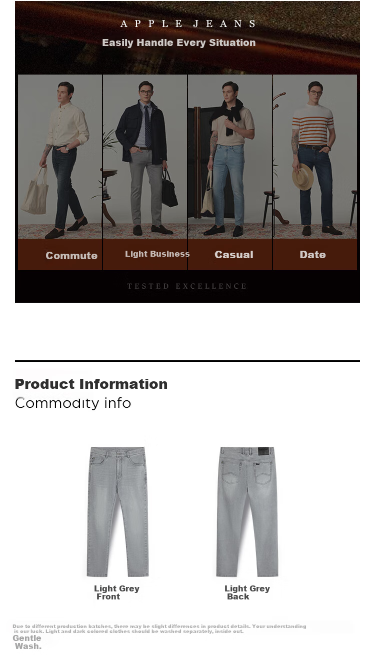 Texwood Apple Slim Straight-Leg Men's Jeans Summer Business Casual Trousers Light Gray 36 4
