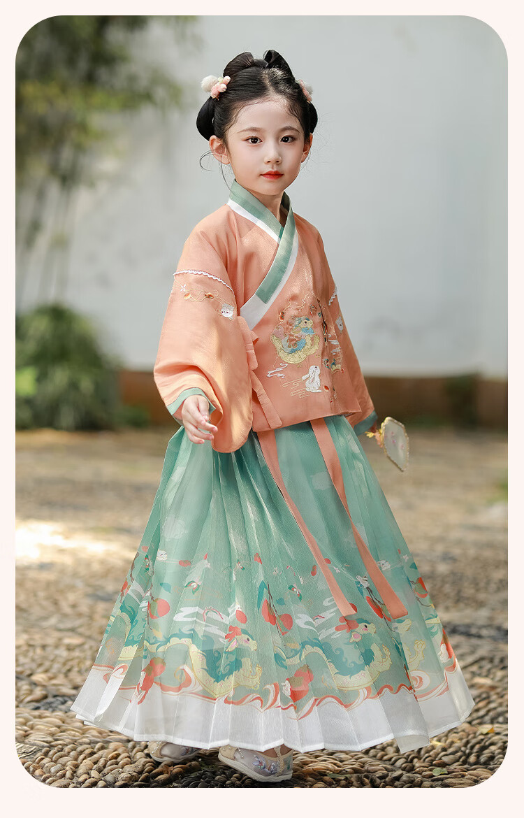 Luomeng Girls' Ming Dynasty Hanfu Chinese Style Children's Horse-Face Skirt Set Performance Costume, Hanfu Cobalt Blue Two-Piece Set, Size 160 6
