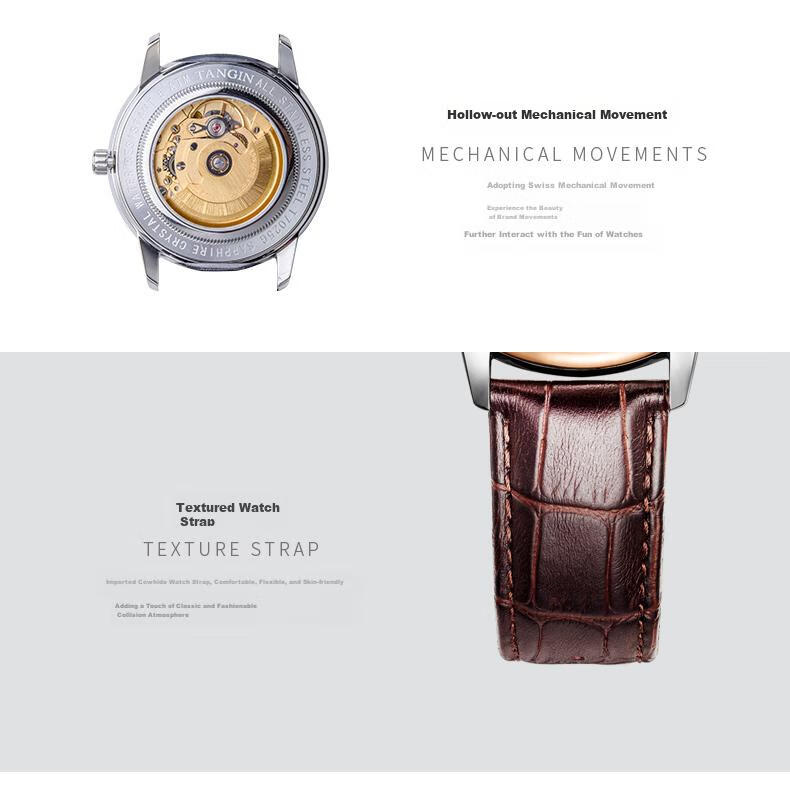TANGIN Imported Swiss Watch, Xixin Series Leather Strap Mechanical Couple's Watch, Swiss Watch T7025GLHWFSB 15
