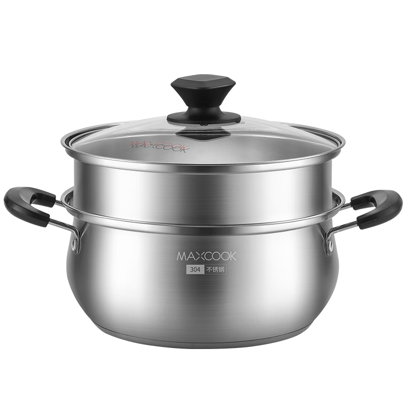 MAXCOOK Soup Pot Steamer, 304 Stainless Steel Double-Layer Soup Pot, Double-Layer Steamer Pot with Steaming Rack And Steaming Tray, Stew Pot, 24cm, MCT1267