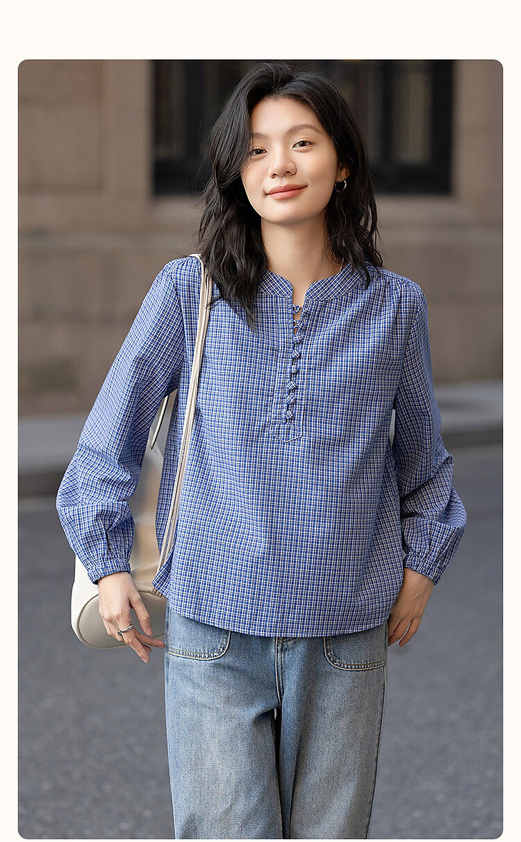 Dme [Salt-Style Youthful Plaid] Spring Small Stand-Collar Cloud-Feel Cotton Shirt with Small Pleats And Elastic Band, Women's Blouse Top 1