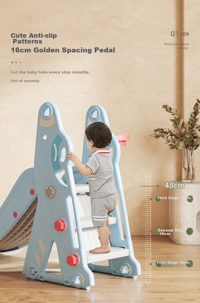 HOBBY TREE Children's Slide, Swing, Basketball Hoop Set, Indoor Playground Equipment, Multifunctional Baby Toys, Sky Blue 8