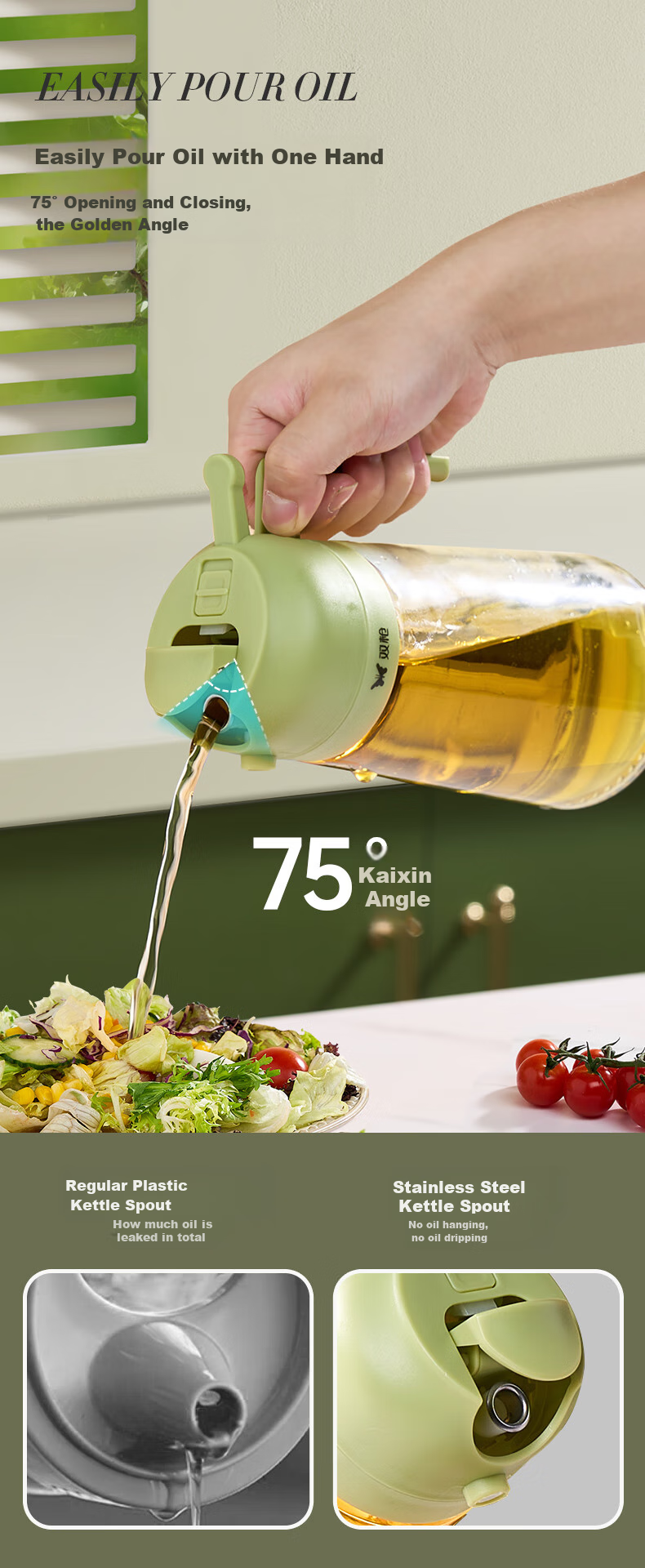 Suncha Oil Dispenser, Oil Pouring And Spraying All-In Glass Oil Bottle for Cooking Oil, Kitchen Use, Non-Drip, Olive Gree 7