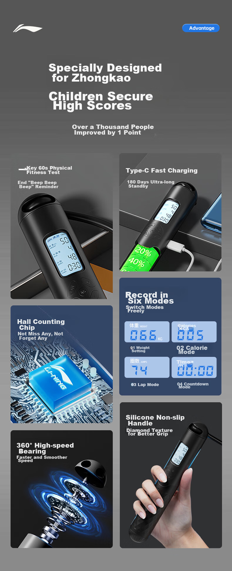 Li-Ning Counting Jump Rope for Middle School Students' Physical Education Test, Professional Fitness Steel Wire Rope 2