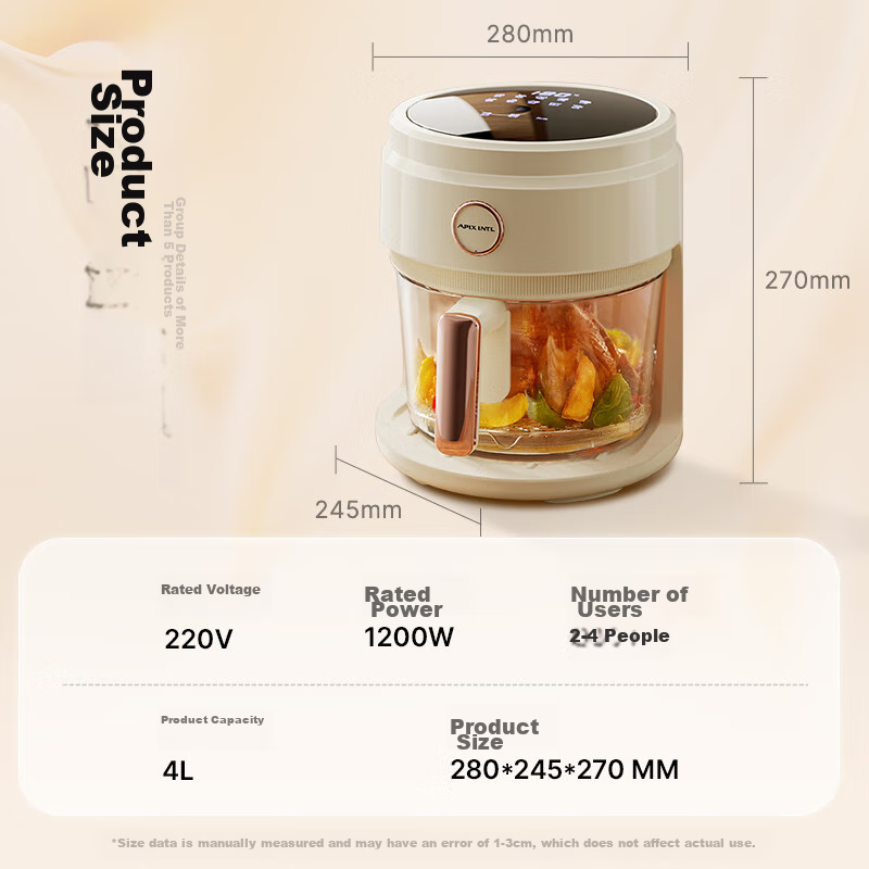 APIXINTL Japanese Air Fryer for Home Use, 4L Large Capacity, No-Flip Design, Steam Tender Frying, Panoramic View, All-Glass Basket Integrated Machine APIX-AFD12